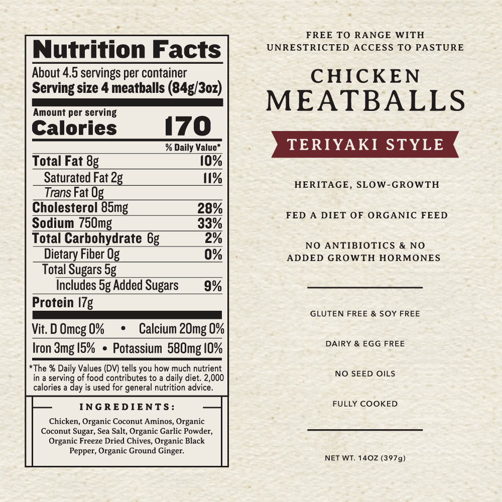 Heritage, Slow-Growth Chicken Teriyaki Style Meatballs