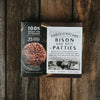 Bison & Beef Patties box on a wooden table.