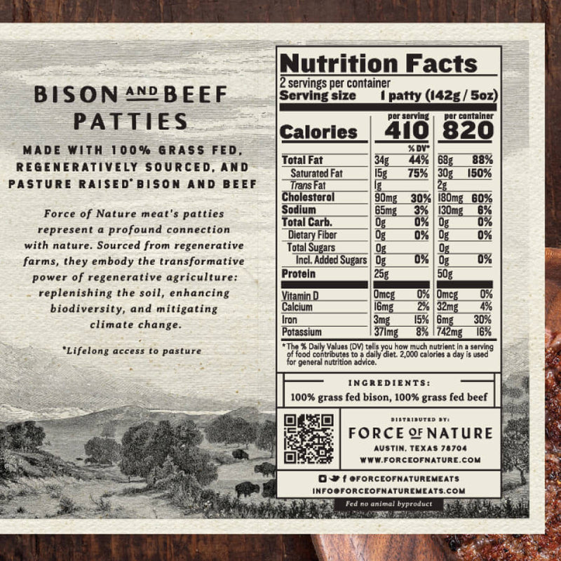 Bison & Beef Patties nutritional label.
