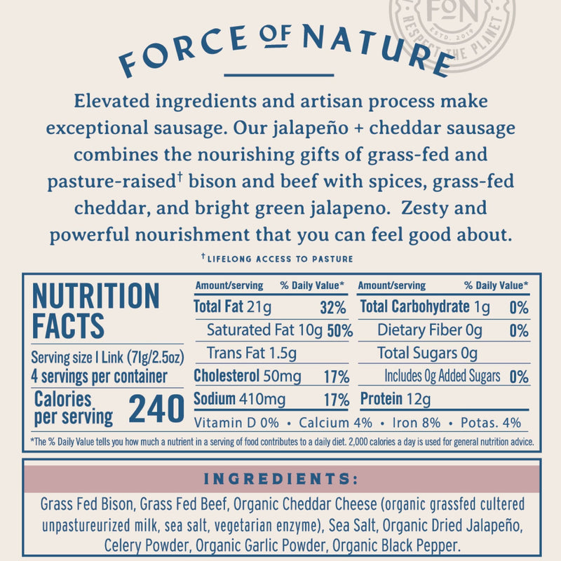 Bison & Beef sausage nutritional label.