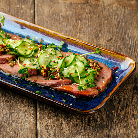 SEARED BISON TONGUE WITH ASIAN SAUCE & CUCUMBER SALAD