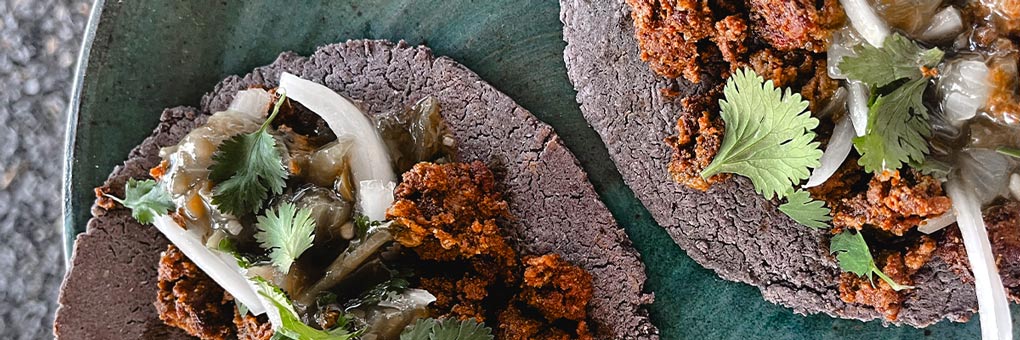 Spiced Elk Tacos with heirloom blue corn tortillas