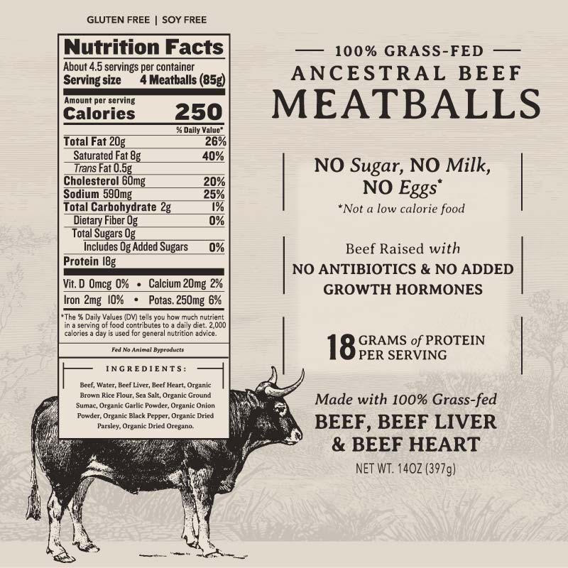 Ancestral Beef Meatballs nutritional infographic. 