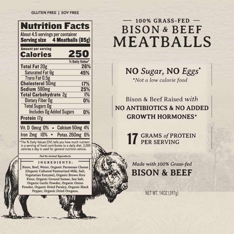 Bison and beef meatballs infographic and nutrition label.