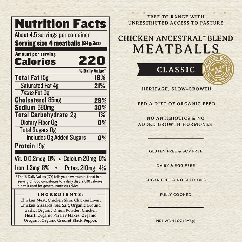 Heritage, Slow-Growth Chicken Ancestral Blend Classic Meatballs