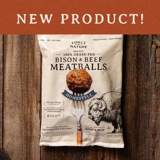 Bison and Beef Homestyle Meatballs with a New Product banner.