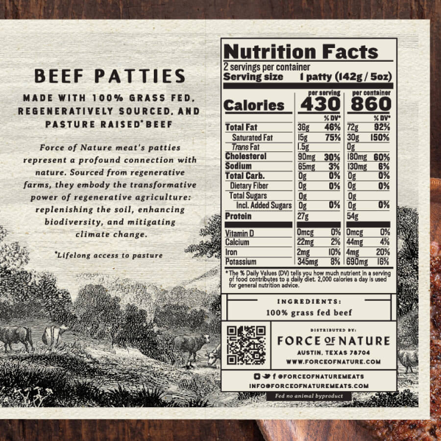 Beef Patties nutritional infographic and label.