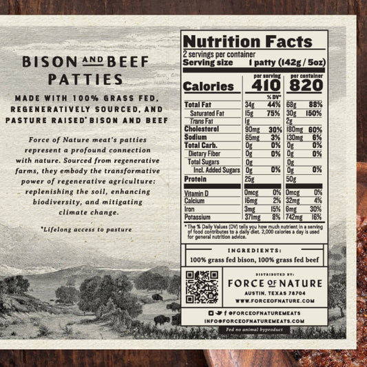 Bison & Beef Patties nutritional label.