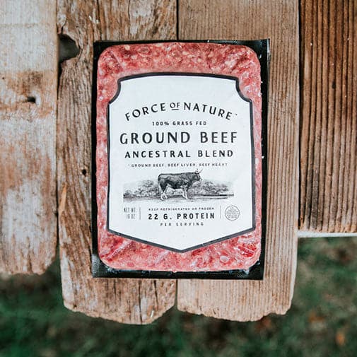 Regenerative Beef Ancestral Blend package on wooden table.